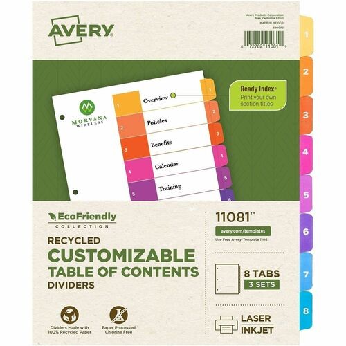 CUSTOMIZABLE TABLE OF CONTENTS READY INDEX DIVIDERS WITH MULTICOLOR TABS, 8-TAB, 1 TO 8, 11 X 8.5, WHITE, 3 SETS