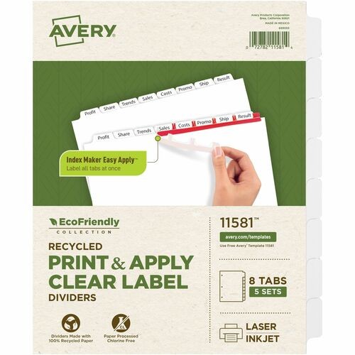 INDEX MAKER ECOFRIENDLY PRINT AND APPLY CLEAR LABEL DIVIDERS WITH WHITE TABS, 8-TAB, 11 X 8.5, WHITE, 5 SETS