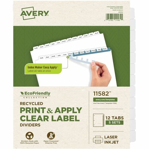 INDEX MAKER ECOFRIENDLY PRINT AND APPLY CLEAR LABEL DIVIDERS WITH WHITE TABS, 12-TAB, 11 X 8.5, WHITE, 5 SETS