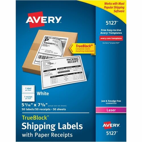 SHIPPING LABELS WITH PAPER RECEIPT AND TRUEBLOCK TECHNOLOGY, INKJET/LASER PRINTERS, 5.06 X 7.63, WHITE, 50/PACK
