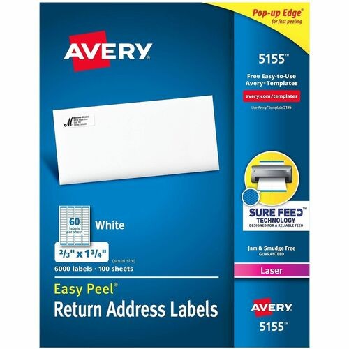EASY PEEL WHITE ADDRESS LABELS W/ SURE FEED TECHNOLOGY, LASER PRINTERS, 0.66 X 1.75, WHITE, 60/SHEET, 100 SHEETS/PACK