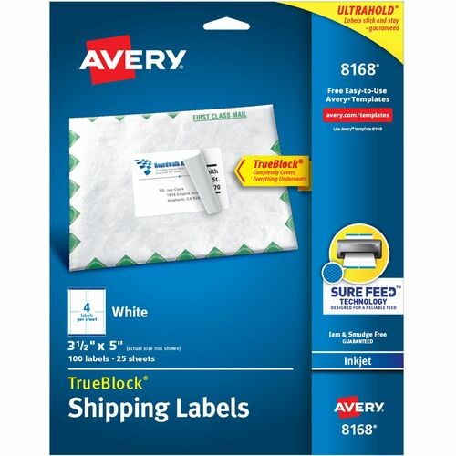 SHIPPING LABELS W/ TRUEBLOCK TECHNOLOGY, INKJET PRINTERS, 3.5 X 5, WHITE, 4/SHEET, 25 SHEETS/PACK