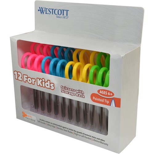Kids' Scissors with Antimicrobial Protection, Pointed Tip, 5" Long, 2" Cut Length, Straight Assorted Color Handles, 12/Pack