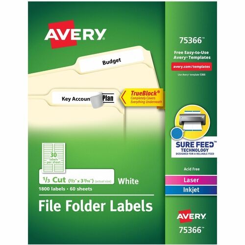 PERMANENT TRUEBLOCK FILE FOLDER LABELS WITH SURE FEED TECHNOLOGY, 0.66 X 3.44, WHITE, 30/SHEET, 60 SHEETS/BOX