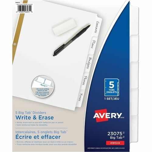 Write-On Dividers, w/Erasable Tabs, 5-Tab, 11"x8-1/2", White