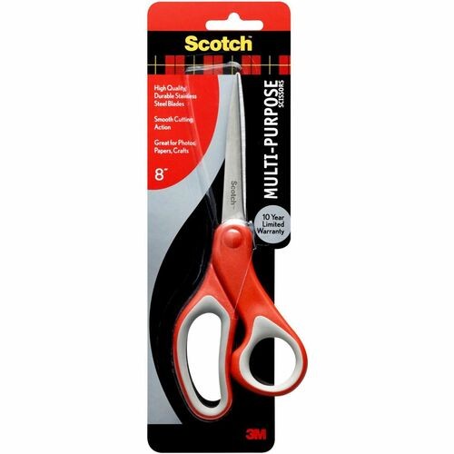 Multi-Purpose Scissors, 8" Long, 3.38" Cut Length, Straight Gray/Red Handle