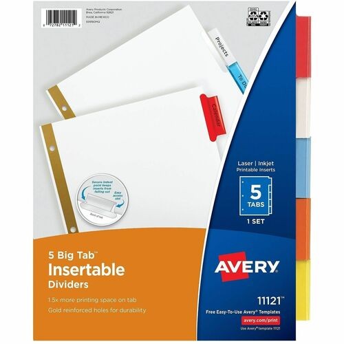 Insertable Big Tab Dividers, 5-Tab, Double-Sided Gold Edge Reinforcing, 11 x 8.5, White, Assorted Tabs, 1 Set