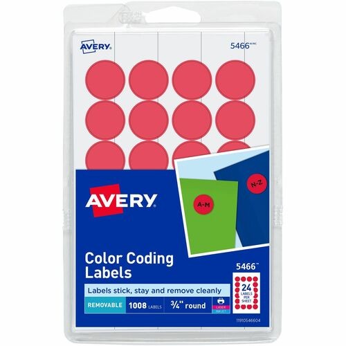 Printable Self-Adhesive Removable Color-Coding Labels, 0.75" dia, Red, 24/Sheet, 42 Sheets/Pack, (5466)
