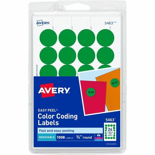 Printable Self-Adhesive Removable Color-Coding Labels, 0.75" dia, Green, 24/Sheet, 42 Sheets/Pack, (5463)