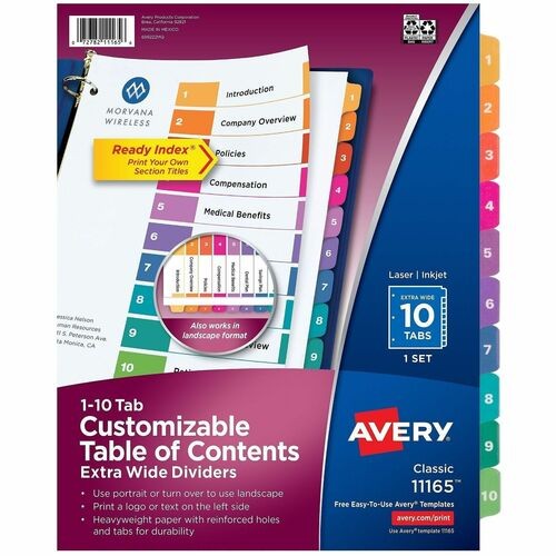 Customizable TOC Ready Index Multicolor Tab Dividers, Extra Wide Tabs, 10-Tab, 1 to 10, 11 x 9.25, White, 1 Set