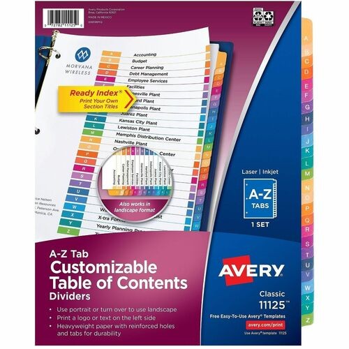 Customizable TOC Ready Index Multicolor Tab Dividers, 26-Tab, A to Z, 11 x 8.5, White, Traditional Color Tabs, 1 Set