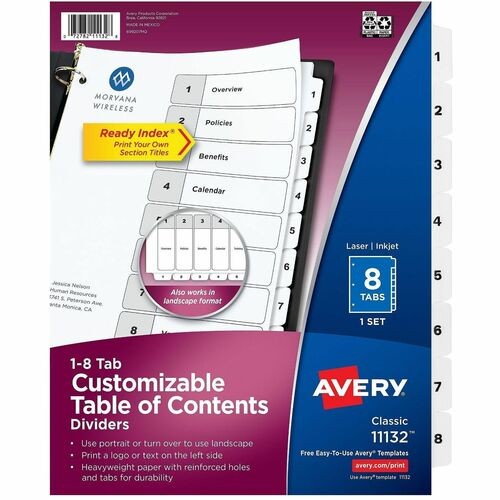 Customizable TOC Ready Index Black and White Dividers, 8-Tab, 1 to 8, 11 x 8.5, 1 Set