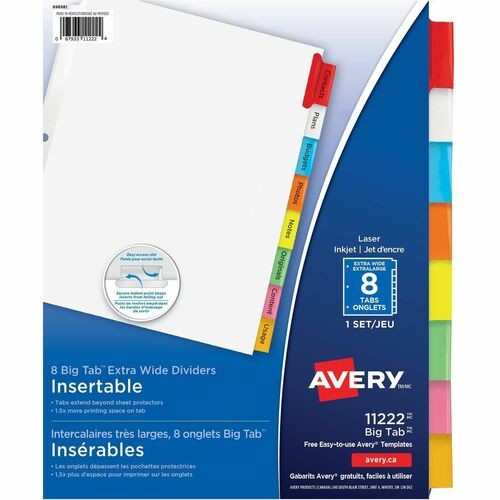 Insertable Big Tab Dividers, 8-Tab, 11.13 x 9.25, White, Assorted Tabs, 1 Set