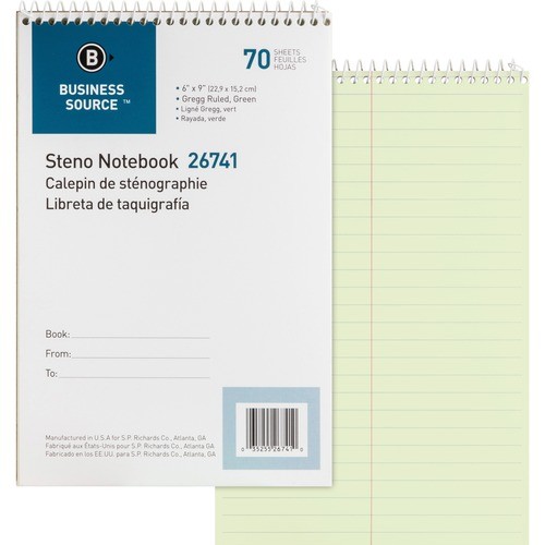 Steno Notebook, Gregg Ruled, 6"x9", 70 Sheets, Green Paper