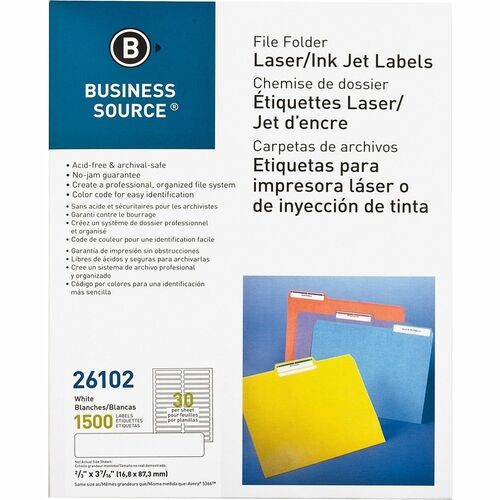 File Folder Labels, Laser/Inkjet, 2/3"x3-7/16", 1500/PK, White