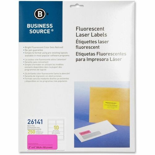 Laser Labels, Fluorescent, 2"x4", 250/PK, Neon Pink