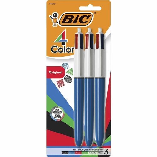 4-Color Ballpoint Pen, Retractable, Medium 1 mm, Black/Blue/Green/Red Ink Colors, Randomly Assorted Barrel Colors, 3/PK