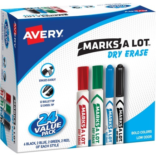 MARKS A LOT DESK/PEN-STYLE DRY ERASE MARKER VALUE PACK, ASSORTED BROAD BULLET/CHISEL TIPS, ASSORTED COLORS, 24/PACK (29870)