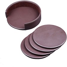 Coaster Set, Round, 4-2/5"Wx4-2/5"Lx1-2/5"H, Chocolate Brown