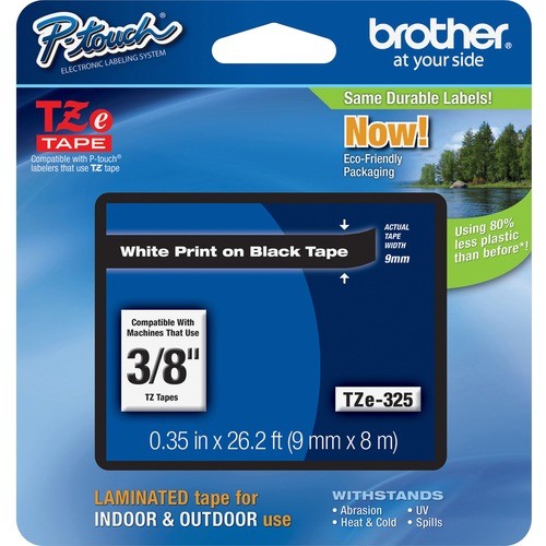 Tze Standard Adhesive Laminated Labeling Tape, 0.35" X 26.2 Ft, White On Black