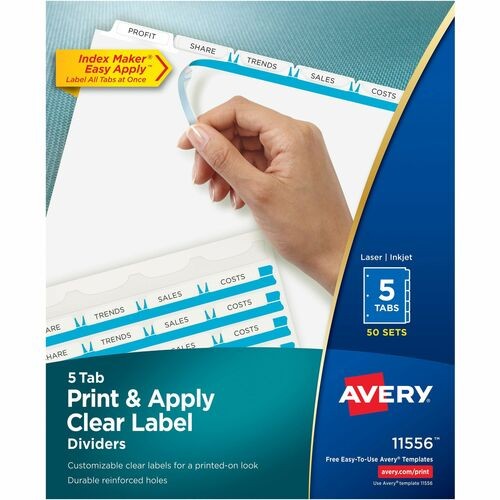 Print and Apply Index Maker Clear Label Dividers, 5-Tab, White Tabs, 11 x 8.5, White, 50 Sets