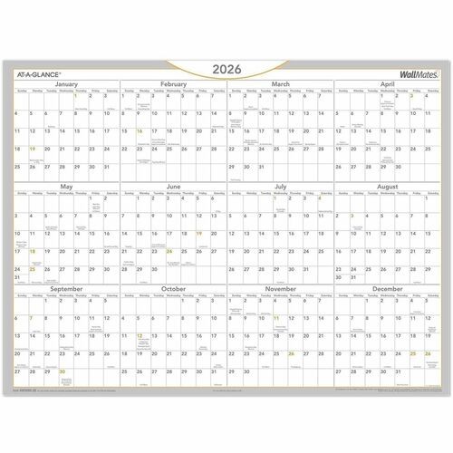 WallMates Self-Adhesive Dry Erase Yearly Planning Surfaces, 24 x 18, White/Gray/Orange Sheets, 12-Month (Jan to Dec): 2026
