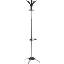 Coat Stand, 10 Coat Pegs/4 Umbrella Holder, 68"H, Chrome