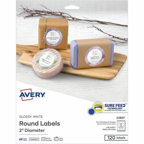 Round Print-To-The Edge Labels With Sure Feed And Easy Peel, 2" Dia, Glossy White, 120/pk
