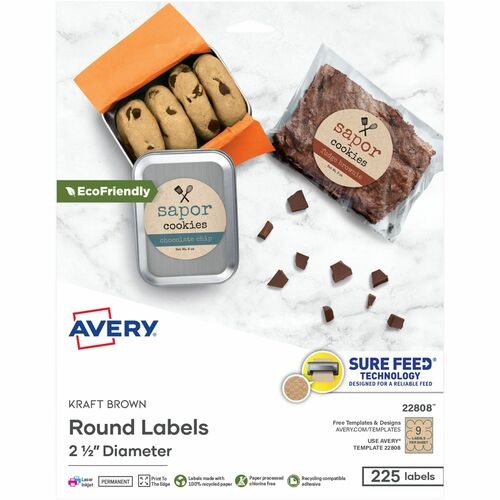 Round Brown Kraft Print-To-The-Edge Labels, 2.5" Dia, 225/pk