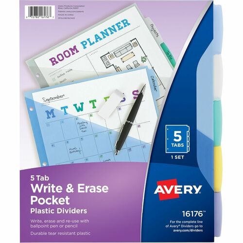 Write and Erase Durable Plastic Dividers with Slash Pocket, 3-Hold Punched, 5-Tab, 11.13 x 9.25, Assorted, 1 Set