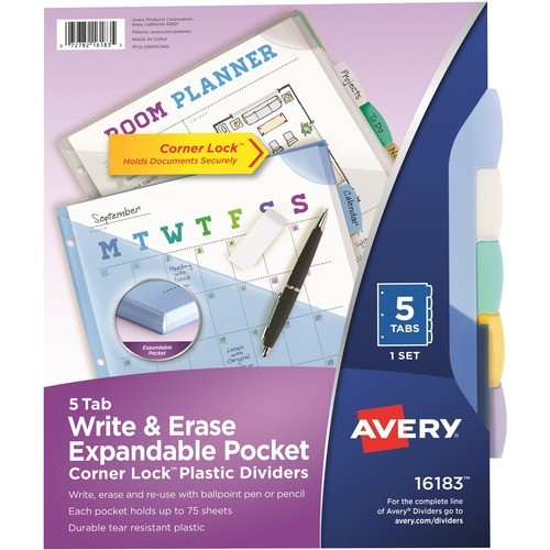 Expandable Pocket Divider, Write-On, 5 Tab, 8-1/2"x11", AST