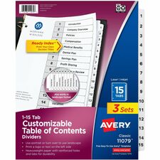 Index Dividers, 1-15 Tab, 8-1/2"x11", 3ST/PK, 8PK/CT, BK/WE