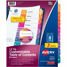 Ready Index Dividers, TOC, 8-Tab, 3HP, 8-1/2"x11", 3/PK, 12/CT, MI