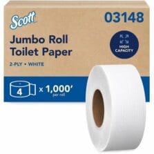 Jumbo Bathroom Tissue, 2-Ply, 3-11/20"Wx1000'L, 4/CT, White