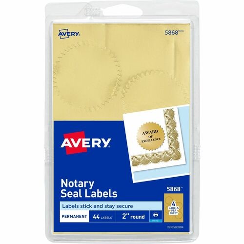 Printable Gold Foil Seals, 2" dia, Gold, 4/Sheet, 11 Sheets/Pack, (5868)