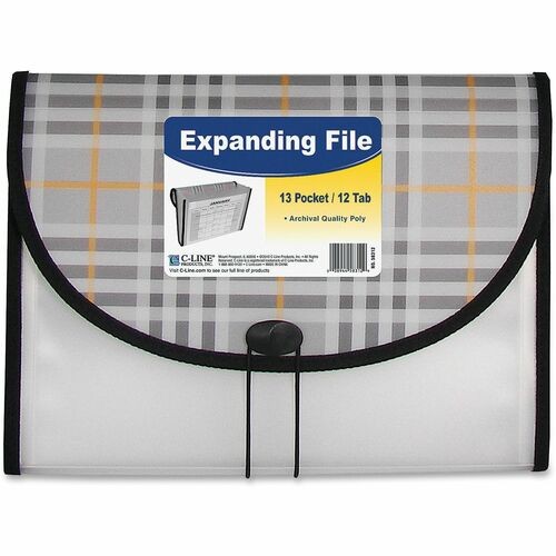 Plaid Design Expanding Files, 1.5" Expansion, 13 Sections, Cord/Hook Closure, 1/6-Cut Tabs, Letter Size, Gray Plaid