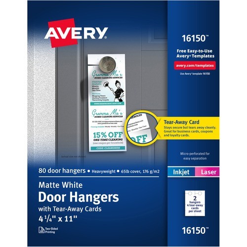 Door Hanger with Tear-Away Cards, 97 Bright, 65 lb Cover Weight, 4.25 x 11, White, 2 Hangers/Sheet, 40 Sheets/Pack