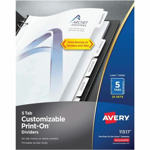 Customizable Print-On Dividers, 3-Hole Punched, 5-Tab, 11 x 8.5, White, 25 Sets