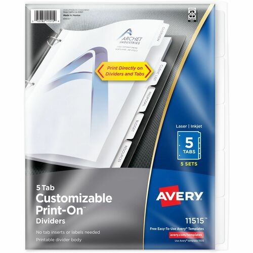 Customizable Print-On Dividers, 3-Hole Punched, 5-Tab, 11 x 8.5, White, 5 Sets