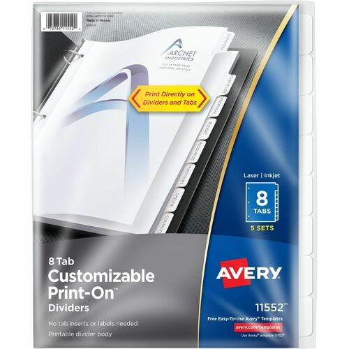 Customizable Print-On Dividers, 3-Hole Punched, 8-Tab, 11 x 8.5, White, 5 Sets