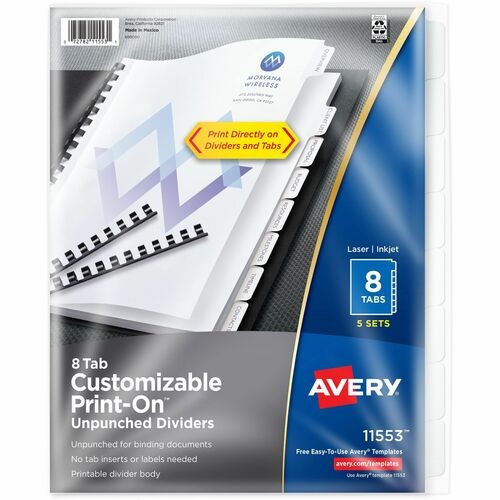 Customizable Print-On Dividers, Unpunched, 8-Tab, 11 x 8.5, White, 5 Sets