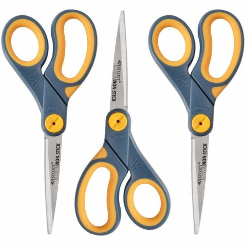 Non-Stick Titanium Bonded Scissors, 8" Long, 3.25" Cut Length, Straight Gray/Yellow Handle, 3/Pack
