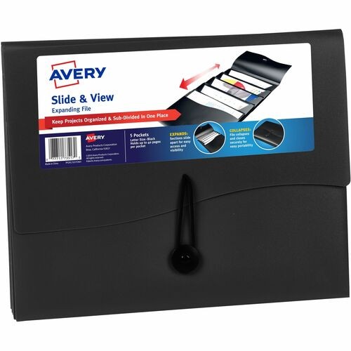 Slide and View Expanding File, 5 Sections, Cord/Hook Closure, Letter Size, Black