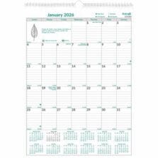 Wall Calendar, Monthly, Jan-Dec, 12"x17", White/Green