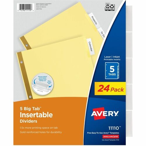Insertable Big Tab Dividers, 5-Tab, Double-Sided Gold Edge Reinforcing, 11 x 8.5, Buff, Clear Tabs, 24 Sets