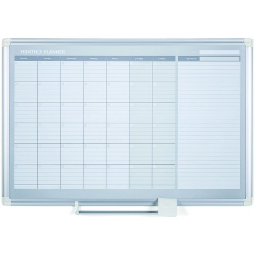 Magnetic Dry Erase Calendar Board, Monthly Planning/Scheduling, 36" x 24", White Surface, Satin Aluminum Frame