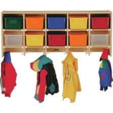 Wall Coat Locker, 10 Section, Color Trays, 48"x15-1/2"x20", Oak