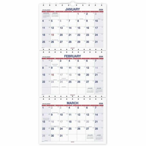 Move-A-Page Three-Month Wall Calendar, 12 x 27, White/Red/Blue Sheets, 15-Month: Dec 2025 to Feb 2027