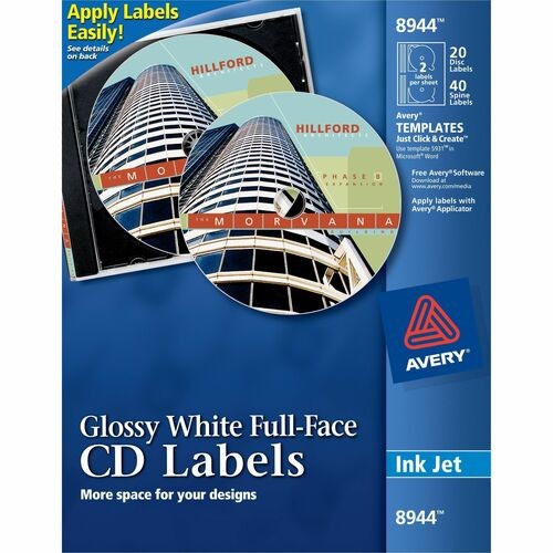 Full Face CD Labels, Glossy White, 20/Pack