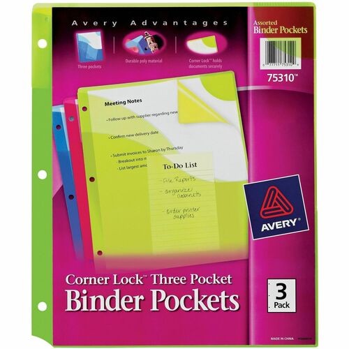Corner Lock Three-Pocket Binder Pocket, 9.25 x 11.25, Assorted Color, 3/Pack
